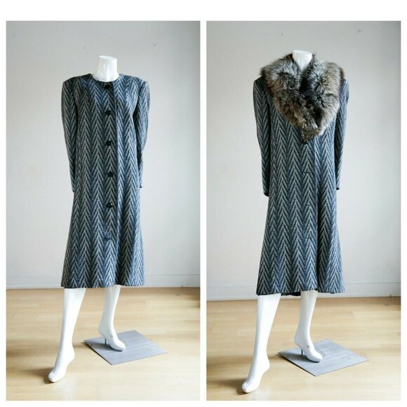 Grey Chevron Print Collarless Long Wool Coat - Picture 1 of 12